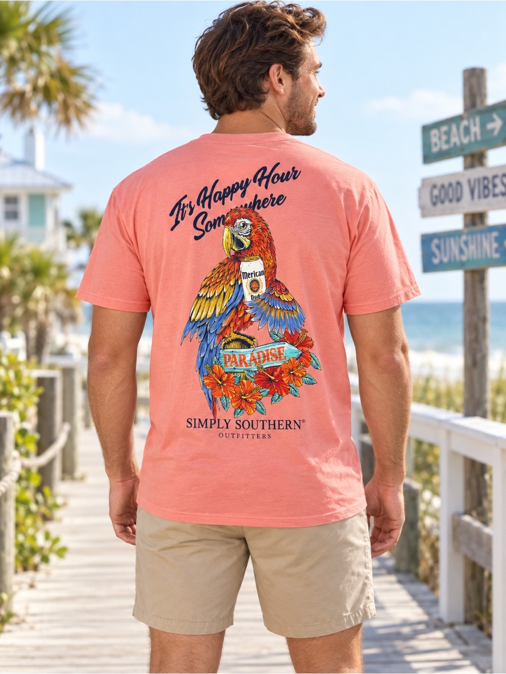 NWT Simply Southern Parrot Graphic T-Shirt Large Coral Tropical Beach Tee